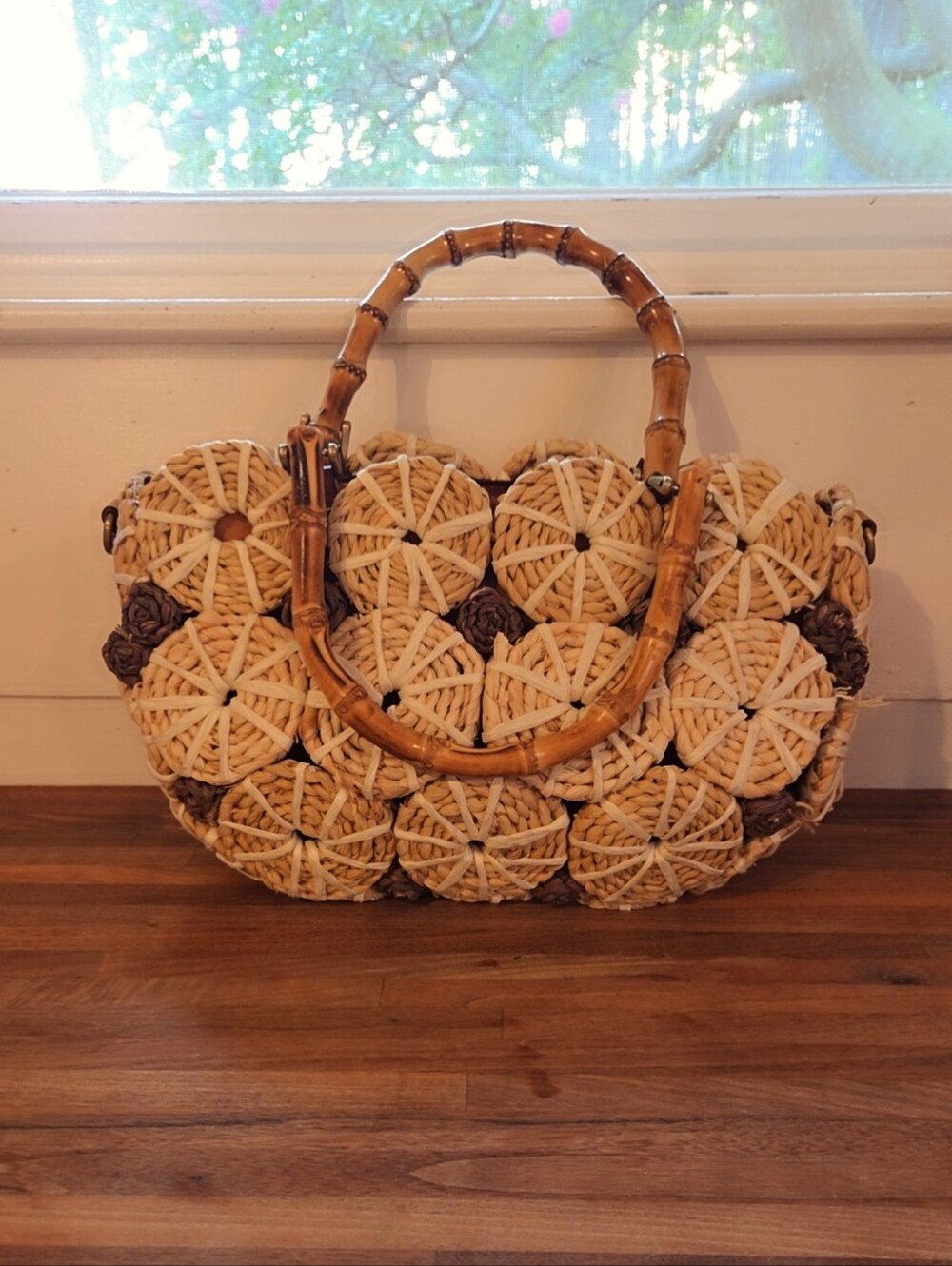 Patricia Nash Natural & Brown Woven Circle Tote with Bamboo Handles